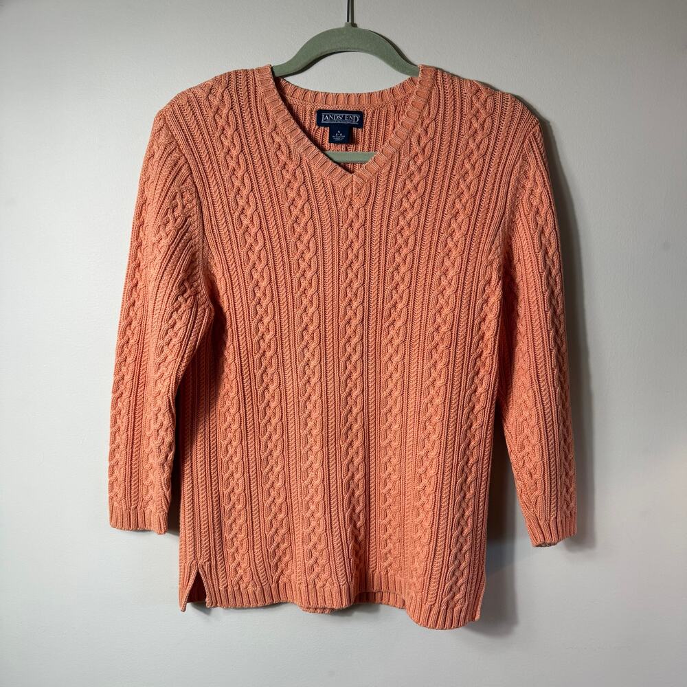Vintage Lands End Women Cable Knit Sweater SZ S V Neck Orange Classic Fall Cotto